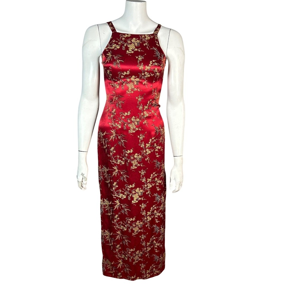 90s Whimsigoth Asian Slip Dress Small Grunge Red Floral Brocade Satin